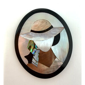 Abalone Shell Mosaic Brooch Pin Oval Lady Hat Portrait Inlay 1.5" Vintage